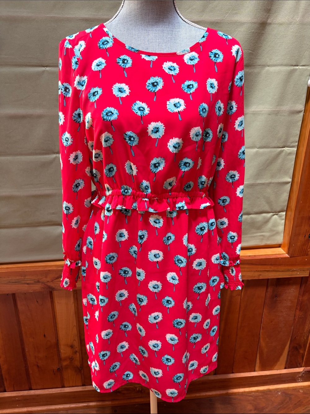 J. Crew Factory Coral Floral Long-Sleeve Ruffle-Waist Dress